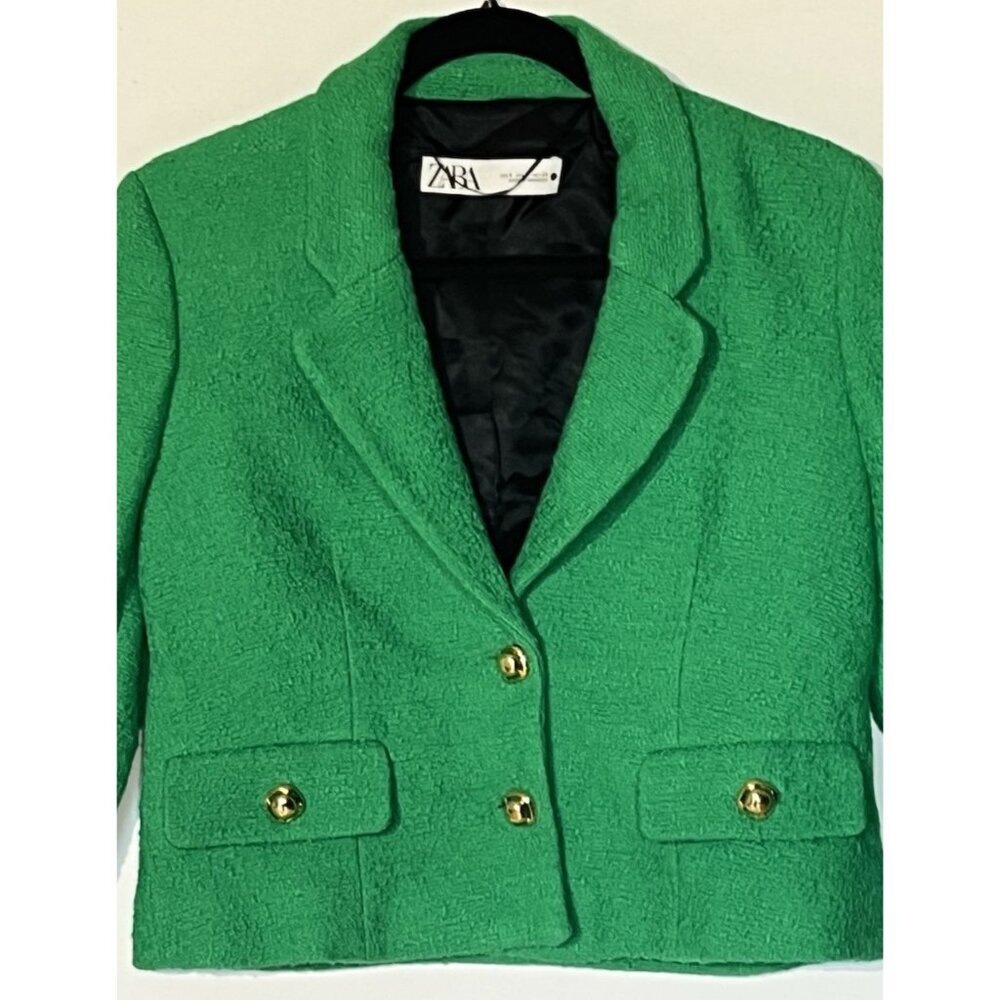 ZARA Green Textured Tweed Gold Button Cropped Jacket Blazer - Picture 9 of 12